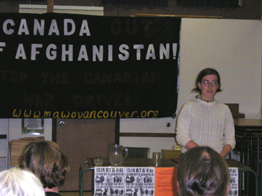 Sarah Grant speaking at October 7 forum against occupation of Afghanistan